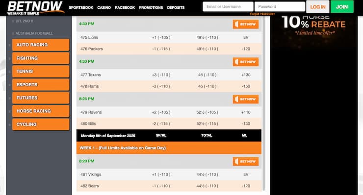 A snapshot of BetNow, one of our top rated Michigan sports betting sites.